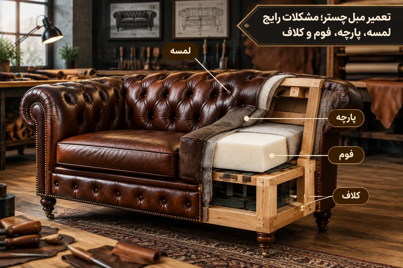تعمیر مبل چستر؛ مشکلات رایج لمسه، پارچه، فوم و کلاف
